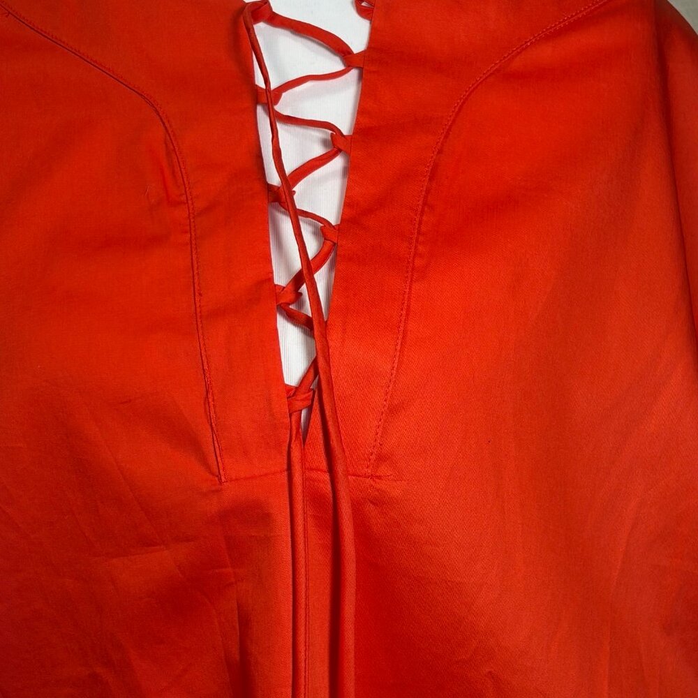Harshman Joelle Blouse 3X Coral Red 100% Cotton Lace Up V-Neck Boho Chic Coastal - Picture 2 of 10